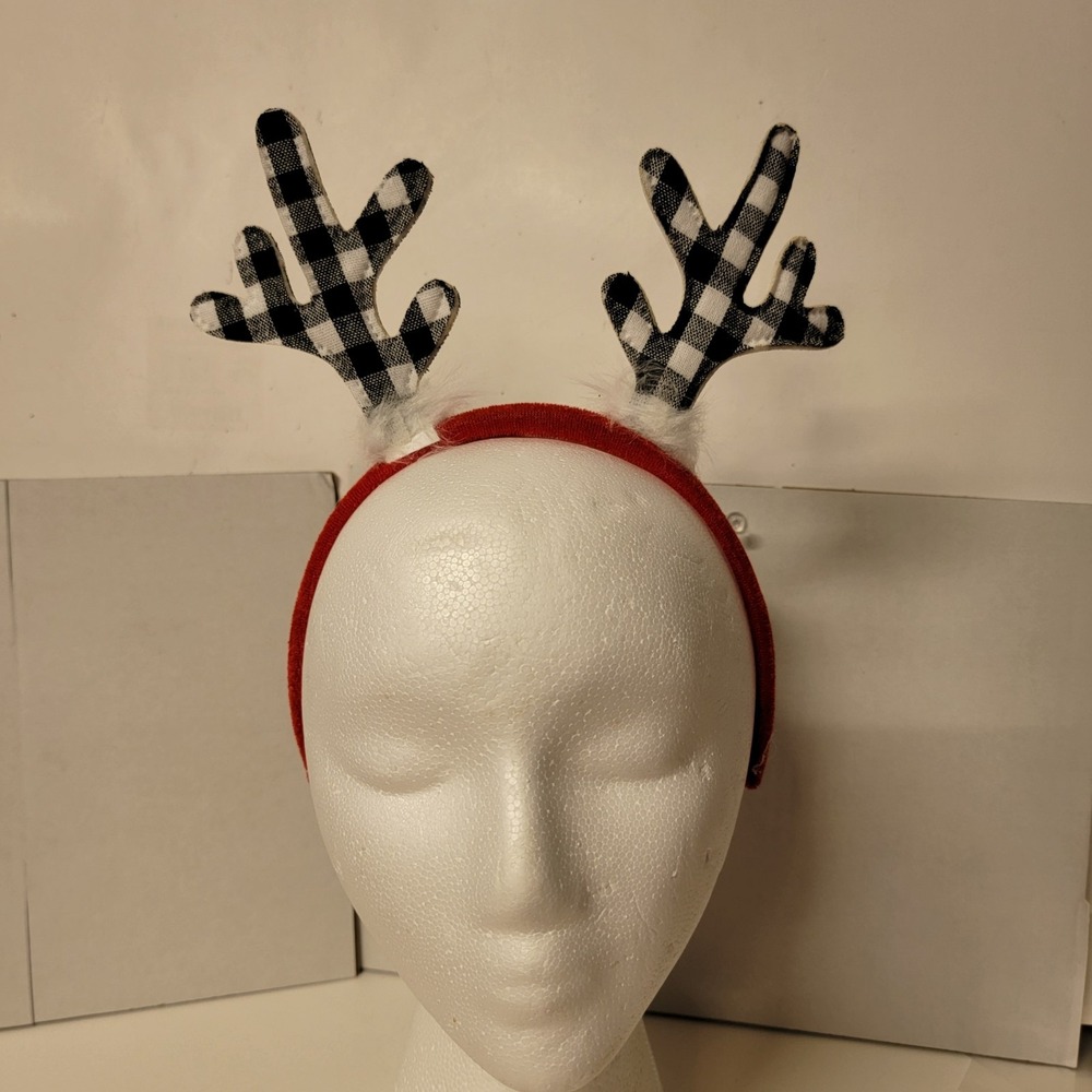 Christmas Black And White Plaid Antlers Headband
